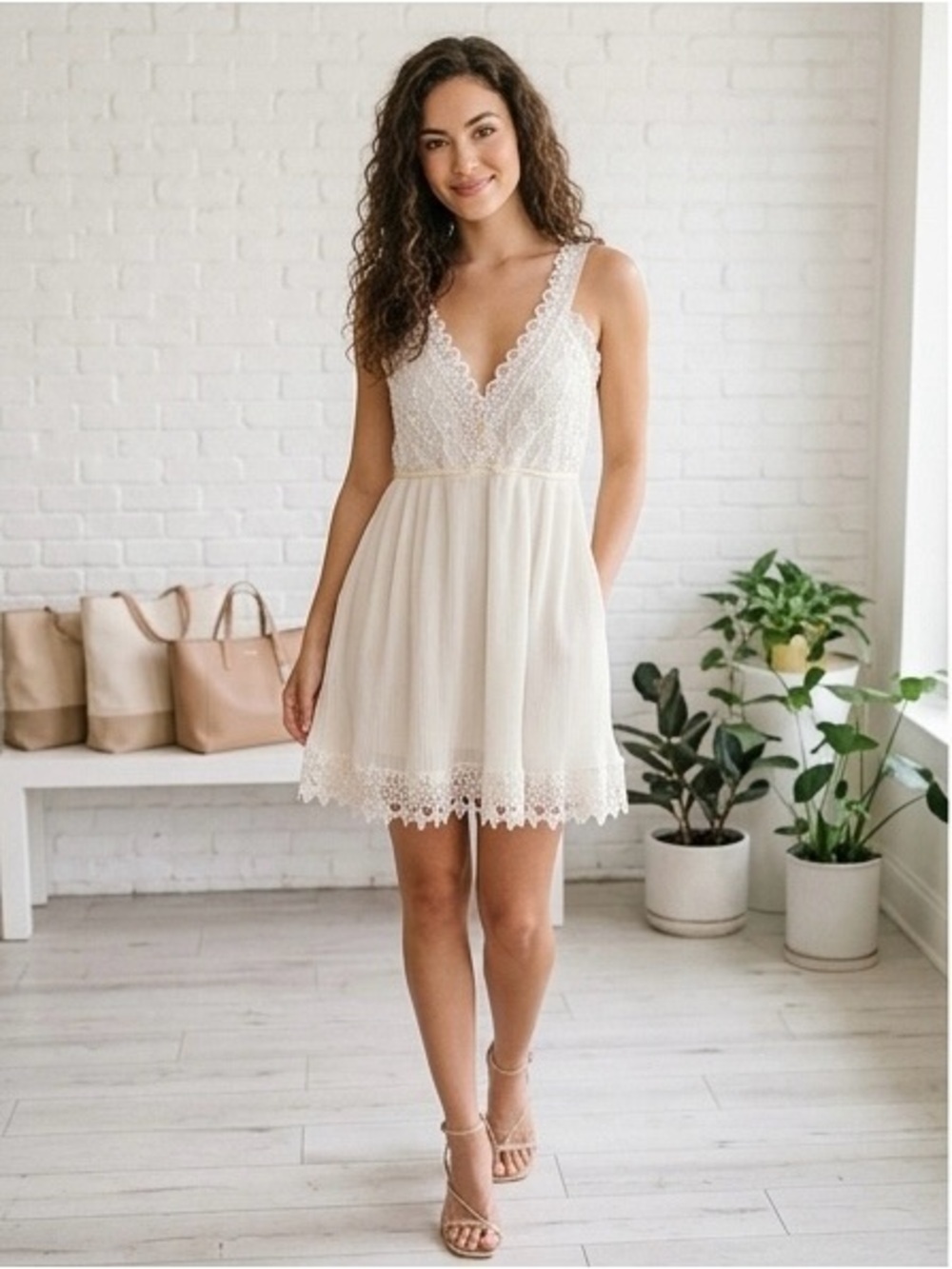 Pretty Angels Fashion Cream Lace Boho Babydoll Dress M